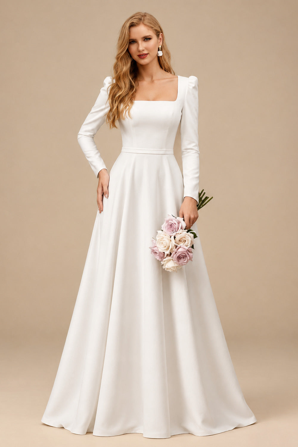 Rutipo Ivory A-Line Square Neckline Long Sleeves Tea-Length Stretch Satin Wedding Dresses