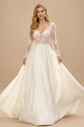 Rutipo Ivory Long Sleeves Lace Ball-Gown Wedding Dresses With Satin