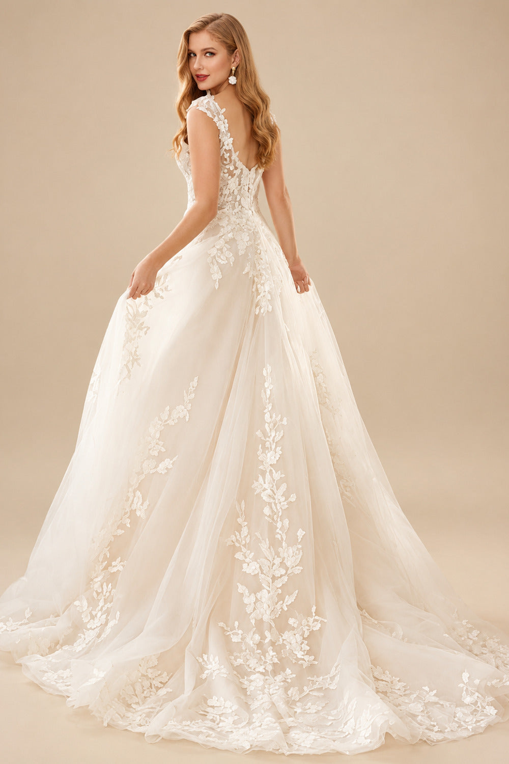 Rutipo Ivory Bohemian V-Neck Bridal Gown With Illusion Back