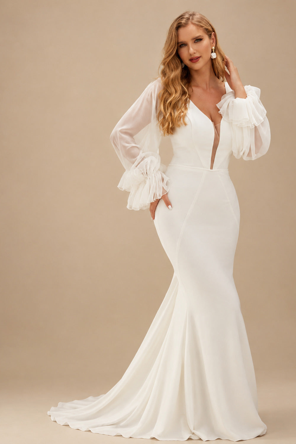 Rutipo Ivory Long Sleeves Cowl Back Mermaid Wedding Dresses