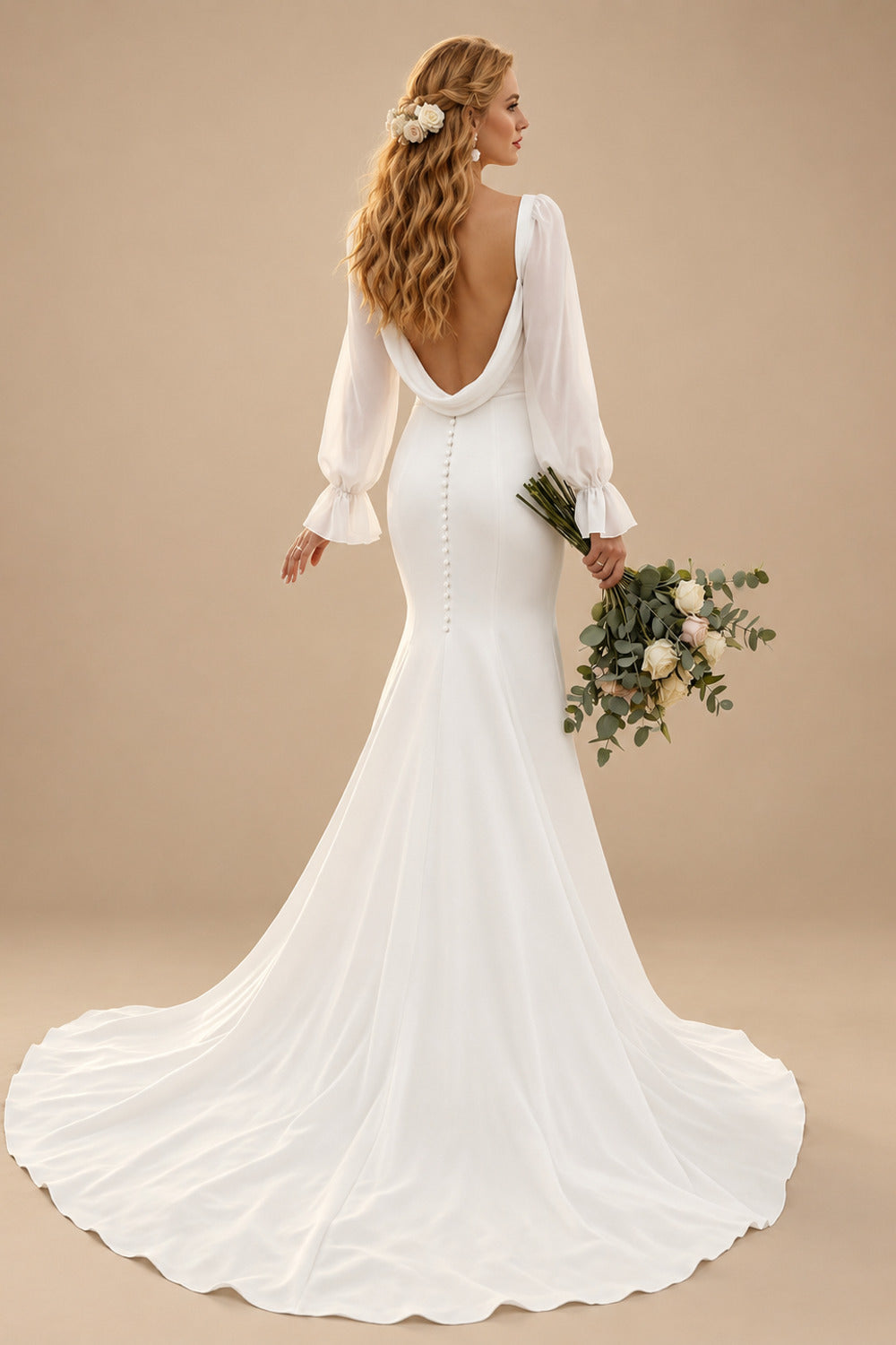 Rutipo Ivory Long Sleeves Cowl Back Mermaid Wedding Dresses