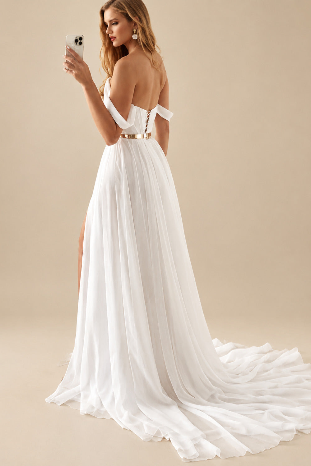 Rutipo Ivory A-Line Sweep Train Off-The-Shoulder Chiffon Wedding Dress