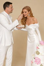 Rutipo Ivory Long Sleeves Silk Like Satin Sweep Train Wedding Dress