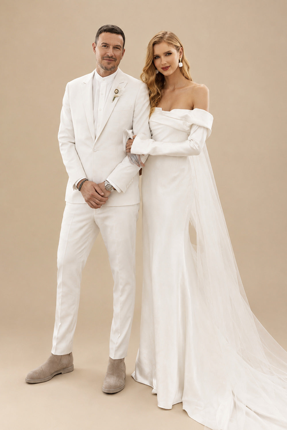 Rutipo Ivory Long Sleeves Silk Like Satin Sweep Train Wedding Dress