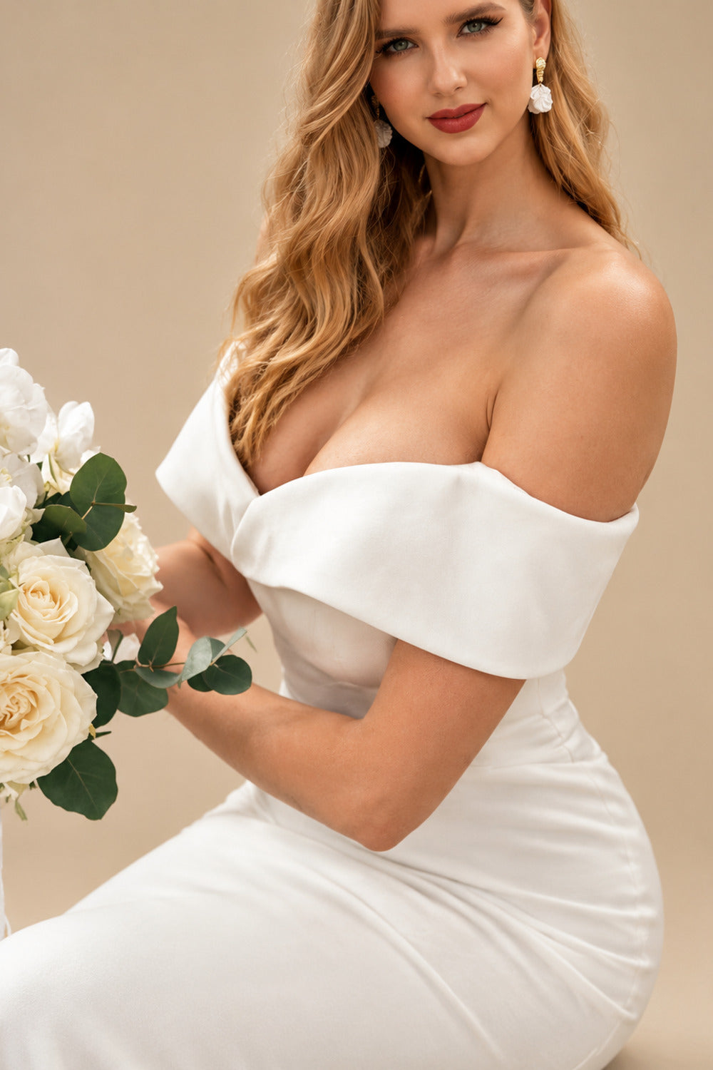 Rutipo Ivory Trumpet/Mermaid Off-The-Shoulder Sleeveless Sweep Train Satin Wedding Dresses