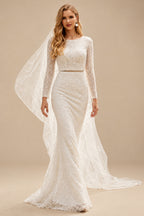 Rutipo Ivory Sheath/Column Sequined Long Sleeves Scoop Neck Wedding Dress
