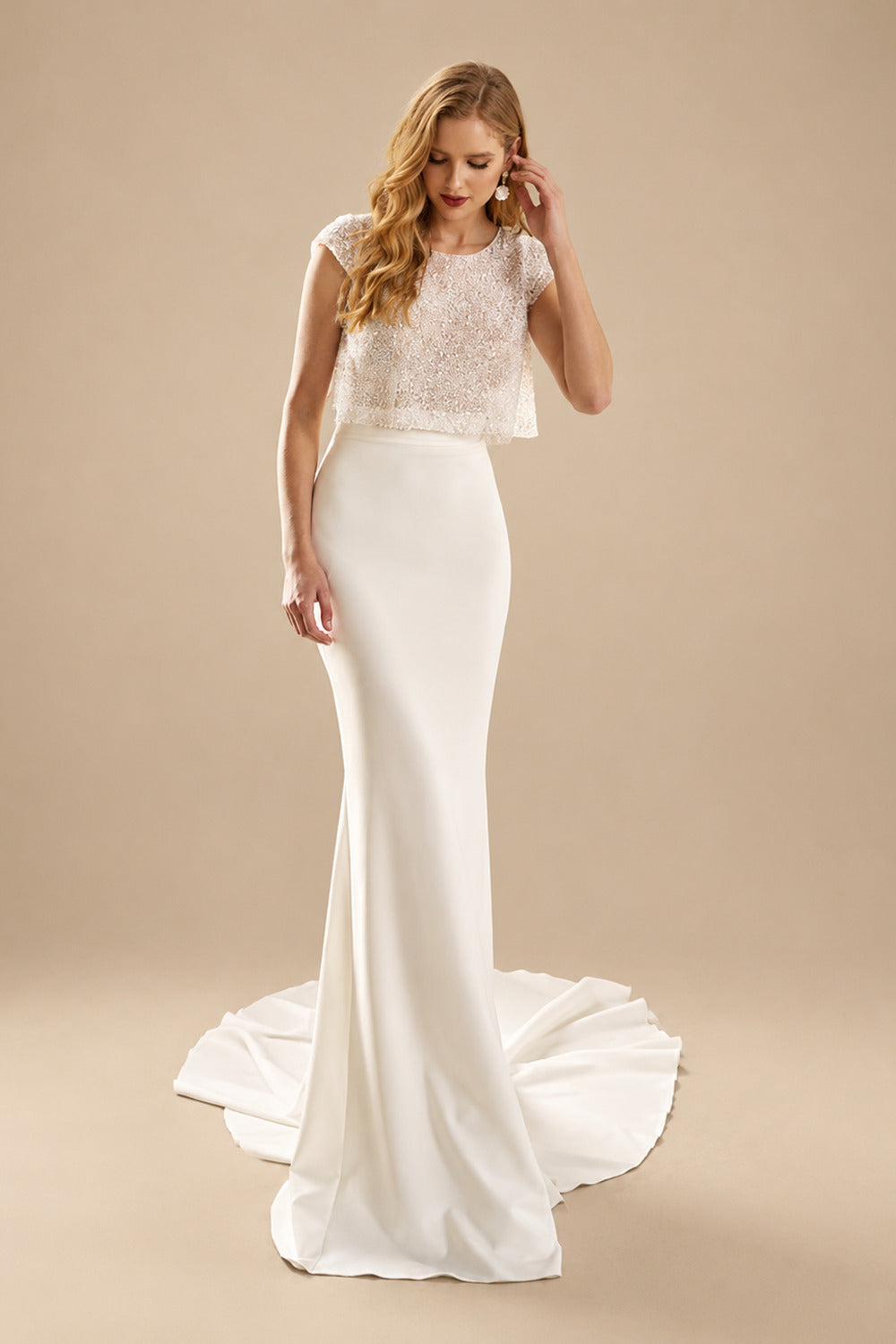 Rutipo Ivory 2Pcs Mermaid Scoop Neck Short sleeves Wedding Dress