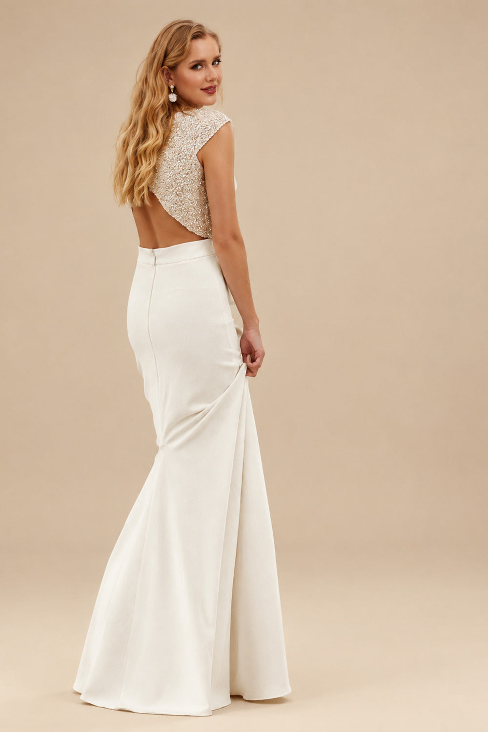 Rutipo Ivory 2Pcs Mermaid Scoop Neck Short sleeves Wedding Dress
