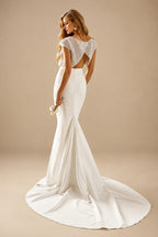 Rutipo Ivory 2Pcs Mermaid Scoop Neck Short sleeves Wedding Dress
