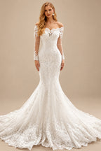Rutipo Ivory Luxury Lace Long Sleeves Off-the-Shoulder Wedding Dresses