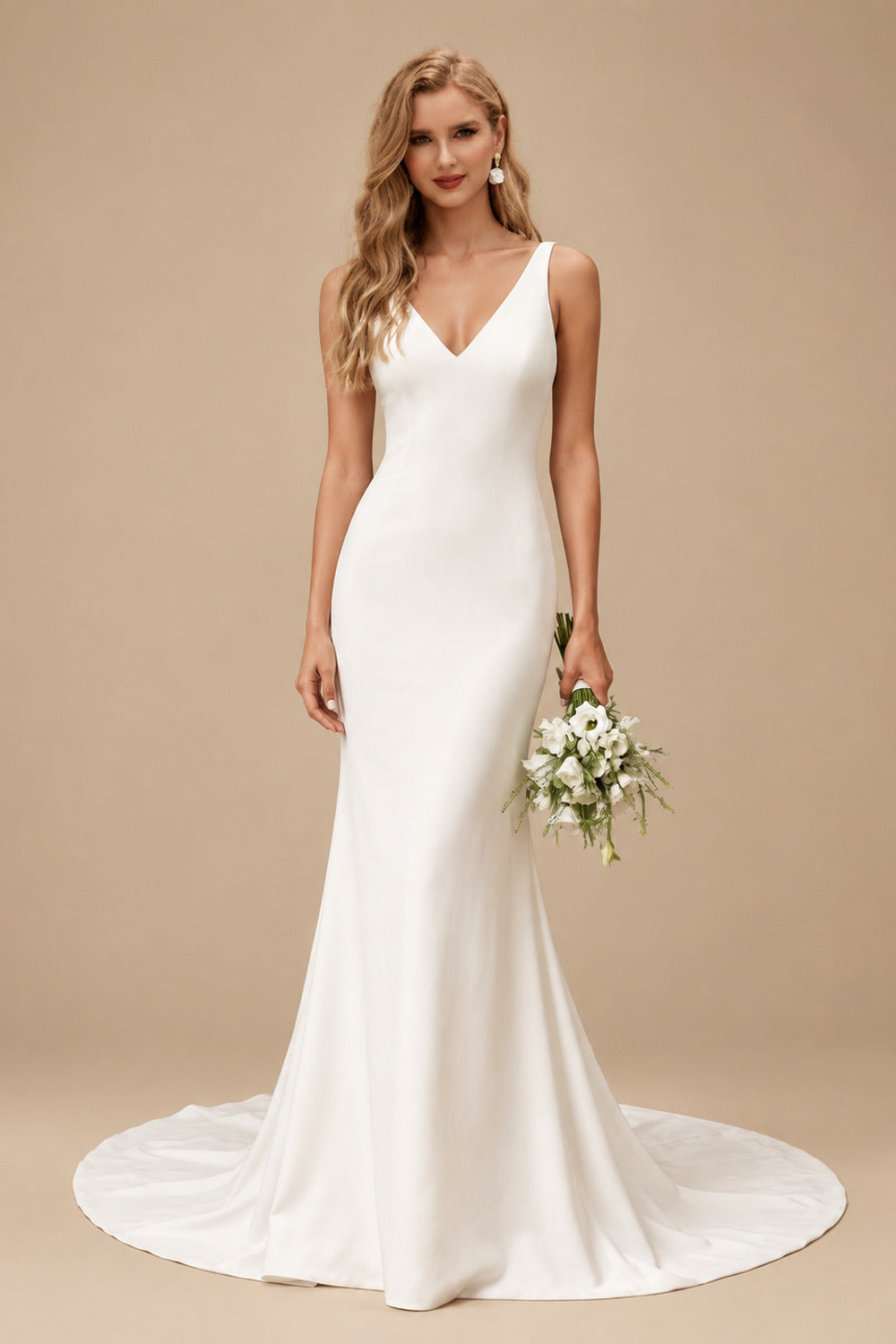 Rutipo Ivory Sheath/Column Open Back V-Neck Sleeveless Court Train Wedding Dresses