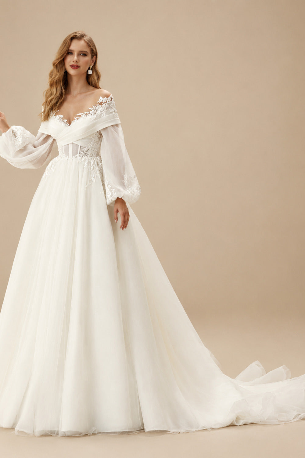 Rutipo Ivory Lace Long Sleeves Illusion Neck Wedding Dresses