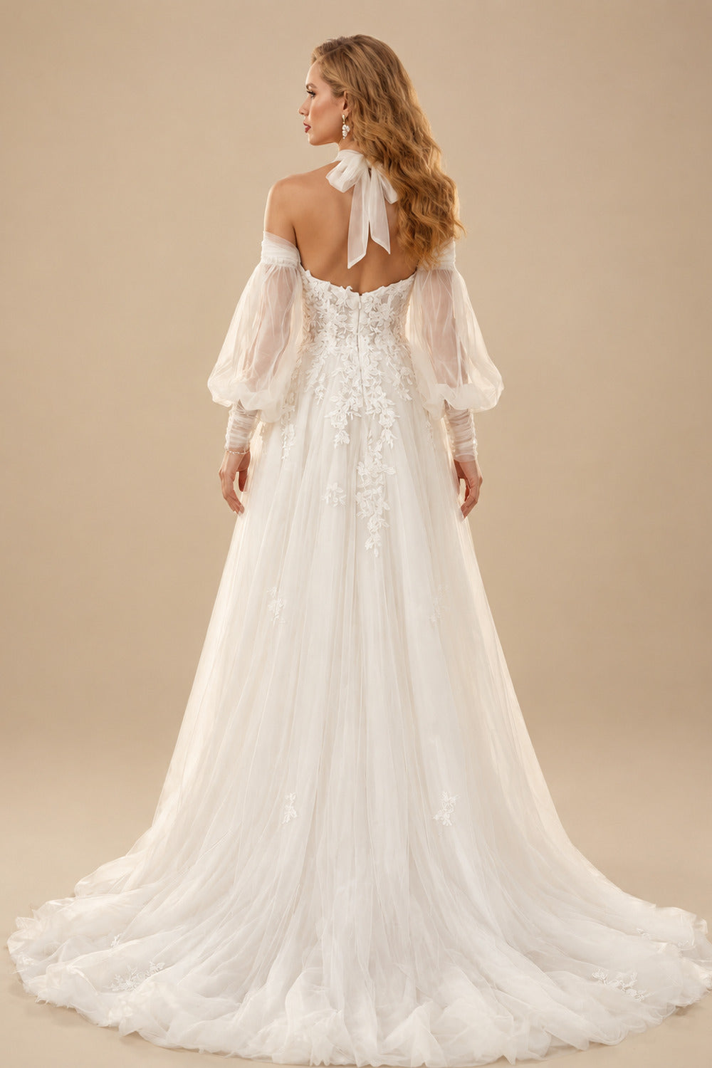 Rutipo Ivory Long Sleeves Lace Sweetheart Wedding Dresses