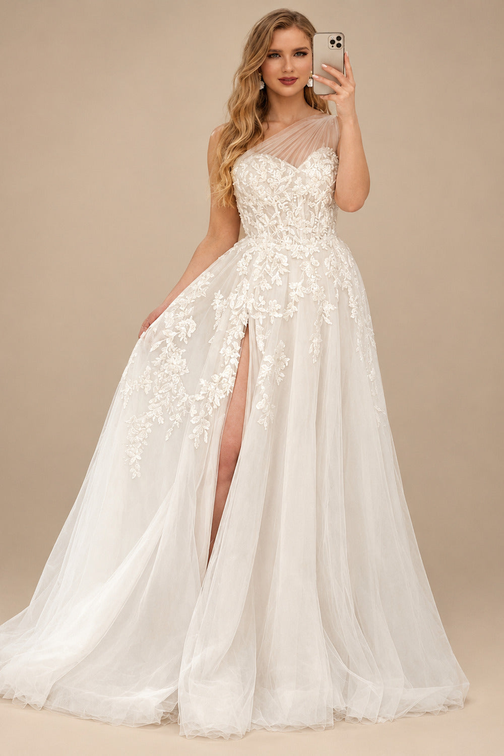 Rutipo Ivory Boho One-Shoulder Lace/Tulle Wedding Dresses With Sequins