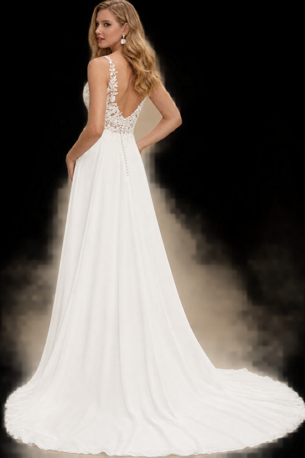 Rutipo Ivory Boho Lace Slit Wedding Dresses With A-Line Chiffon