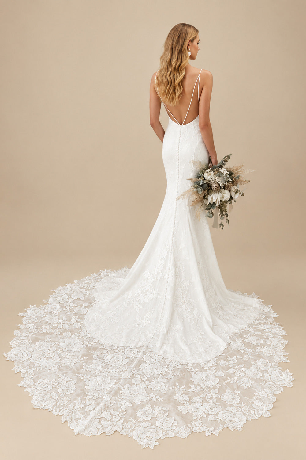 Rutipo Ivory Mermaid V-Neck Sleeveless Court Train Elastic Satin Wedding Dresses