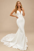 Rutipo Ivory Mermaid V-Neck Sleeveless Court Train Elastic Satin Wedding Dresses