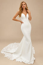 Rutipo Ivory Mermaid V-Neck Sleeveless Court Train Elastic Satin Wedding Dresses