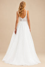 Rutipo Ivory A-Line Square Neckline Sleeveless Tulle Wedding Dresses With Appliques Lace