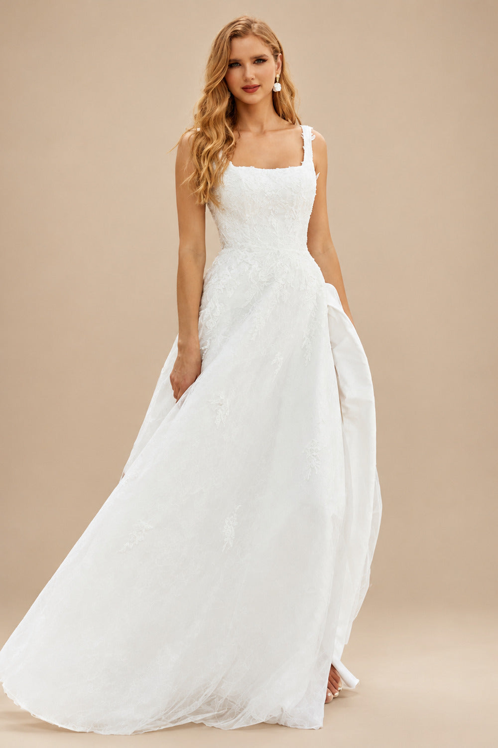 Rutipo Ivory A-Line Square Neckline Sleeveless Tulle Wedding Dresses With Appliques Lace