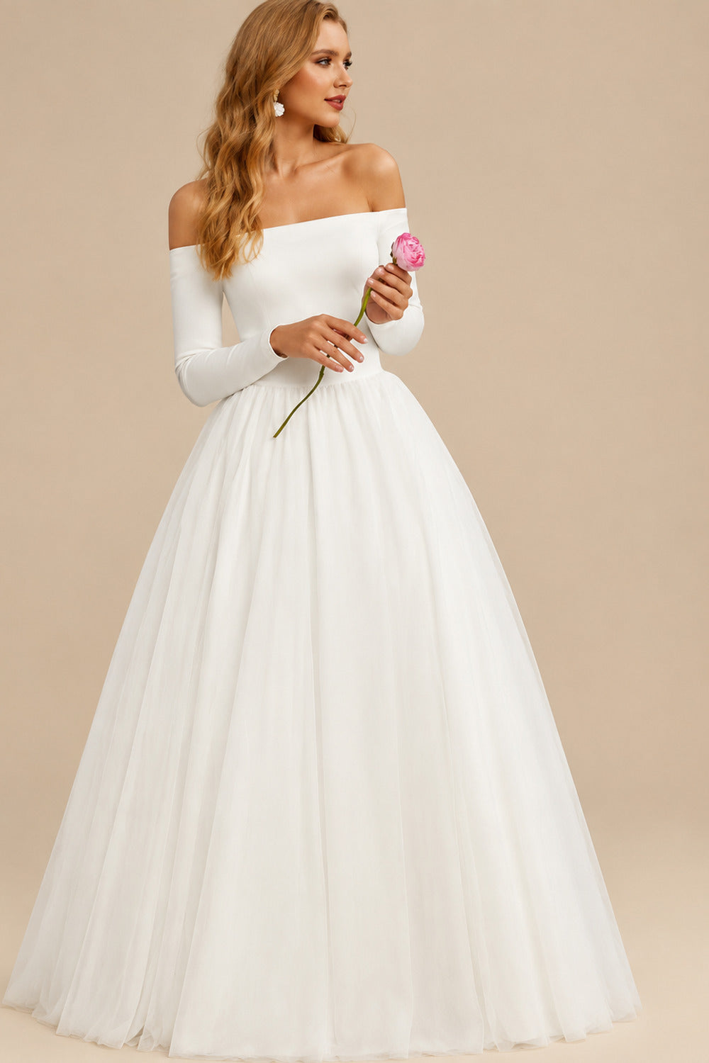 Rutipo Ivory Reception Off-The-Shoulder Ball-Gown Long Sleeves Wedding Dresses