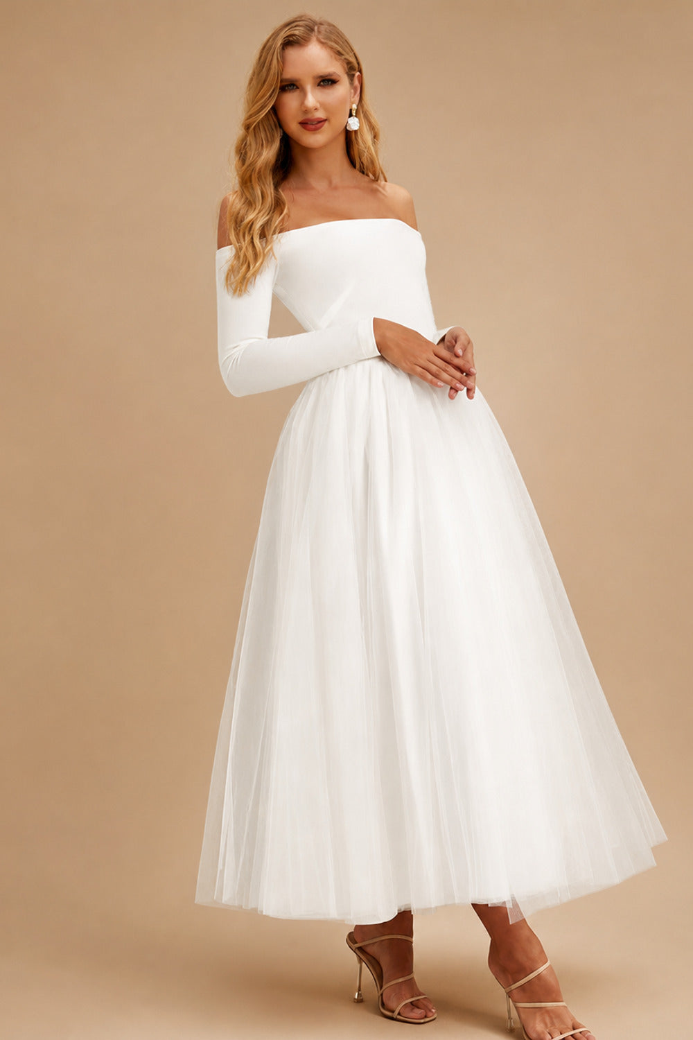 Rutipo Ivory Reception Off-The-Shoulder Ball-Gown Long Sleeves Wedding Dresses