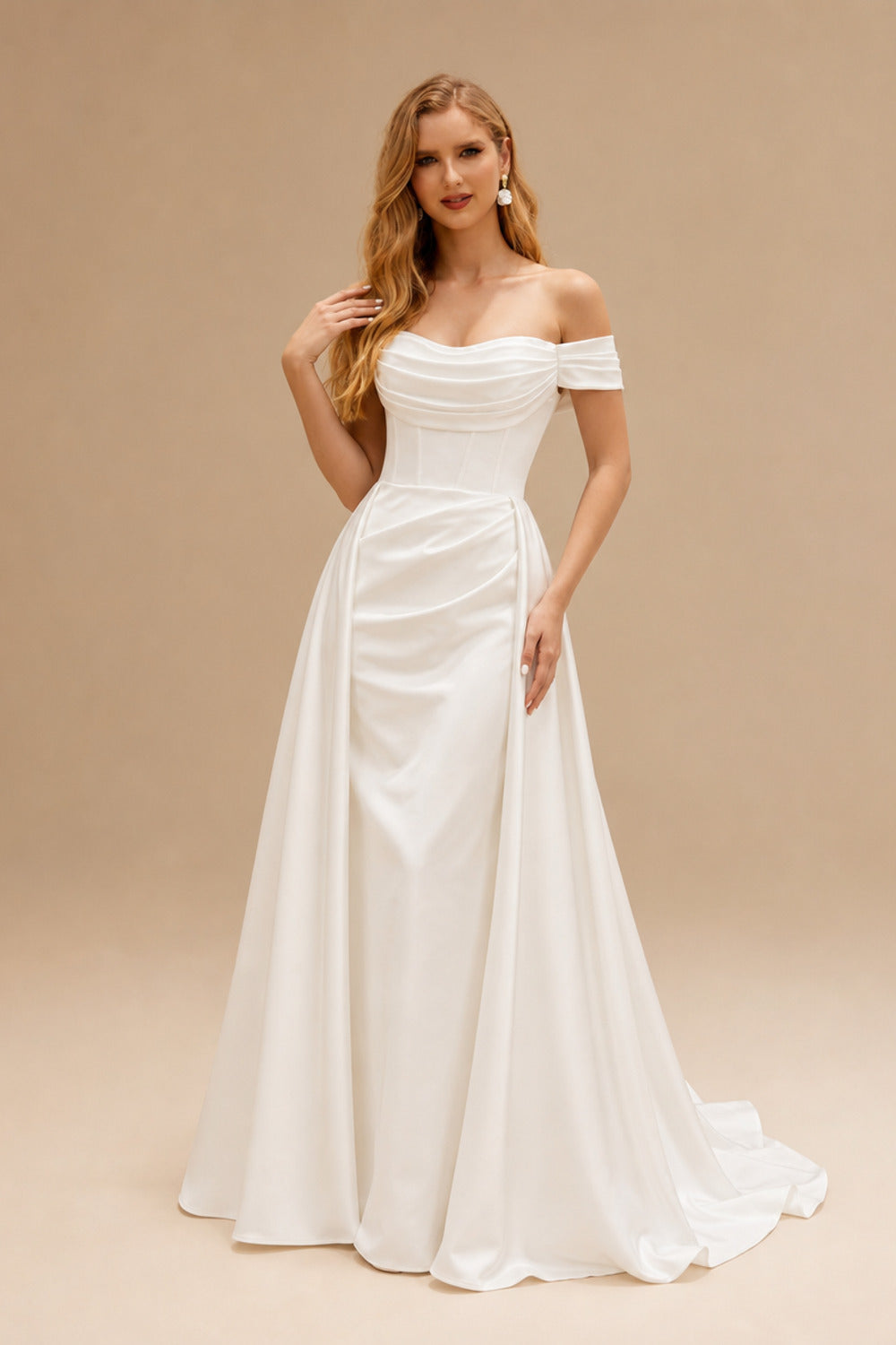 Rutipo Ivory Modern Off-The-Shoulder Cowl Neck Satin Wedding Dresses