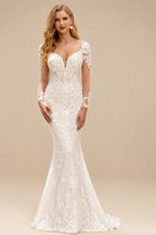 Rutipo Ivory Trumpet/Mermaid Luxury V-Neck Long Sleeve Wedding Dresses With Appliques Lace