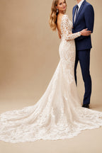 Rutipo Ivory Trumpet/Mermaid Luxury V-Neck Long Sleeve Wedding Dresses With Appliques Lace