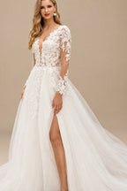 Rutipo Ivory Classic Princess Long Sleeves Lace Wedding Dresses