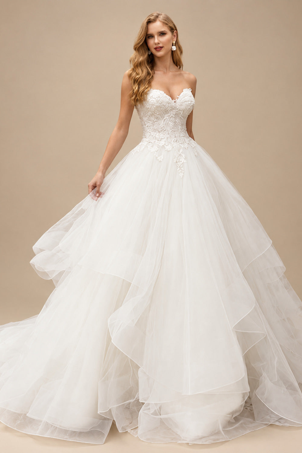 Rutipo Ivory Ball-Gown Sweetheart Lace/Tulle Wedding Dresses With Cascading Ruffles