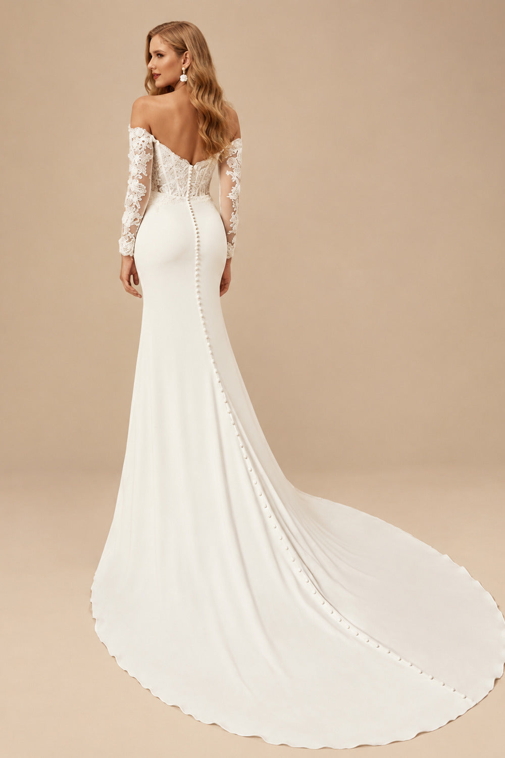 Rutipo Ivory Trumpet/Mermaid Off-the-Shoulder Long Sleeves Elastic Satin Wedding Dresses