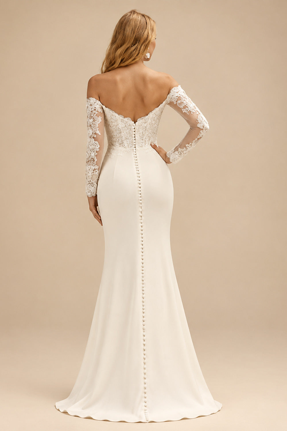 Rutipo Ivory Trumpet/Mermaid Off-the-Shoulder Long Sleeves Elastic Satin Wedding Dresses