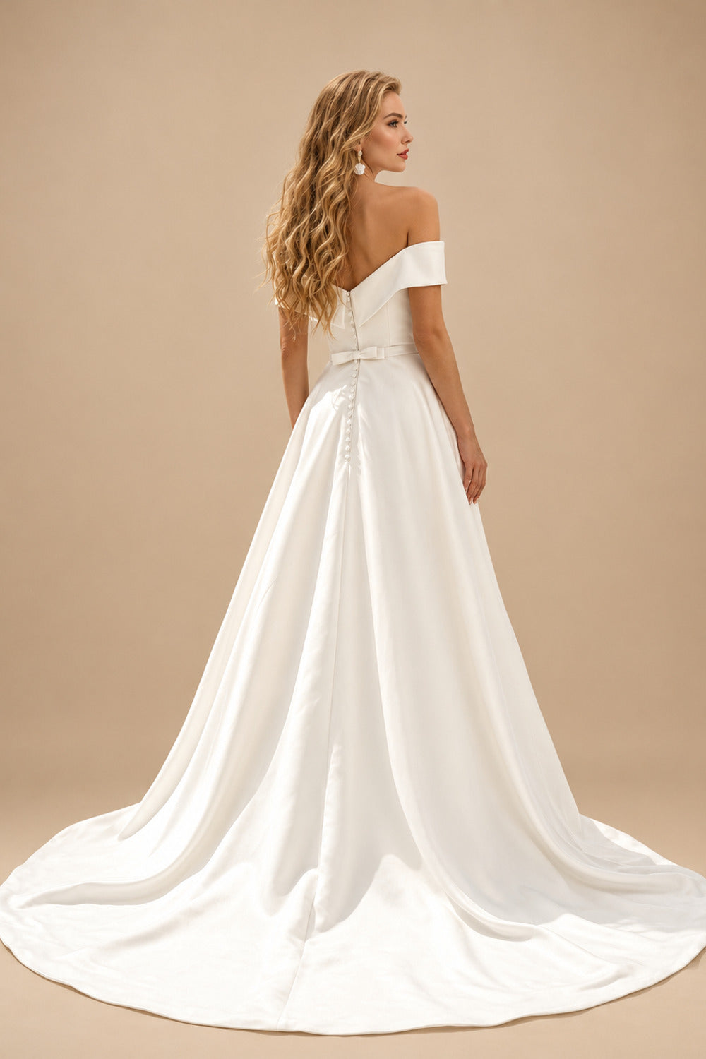 Rutipo Ivory Ball-Gown Off-The-Shoulder Sleeveless Satin Wedding Dresses With Bow(s)