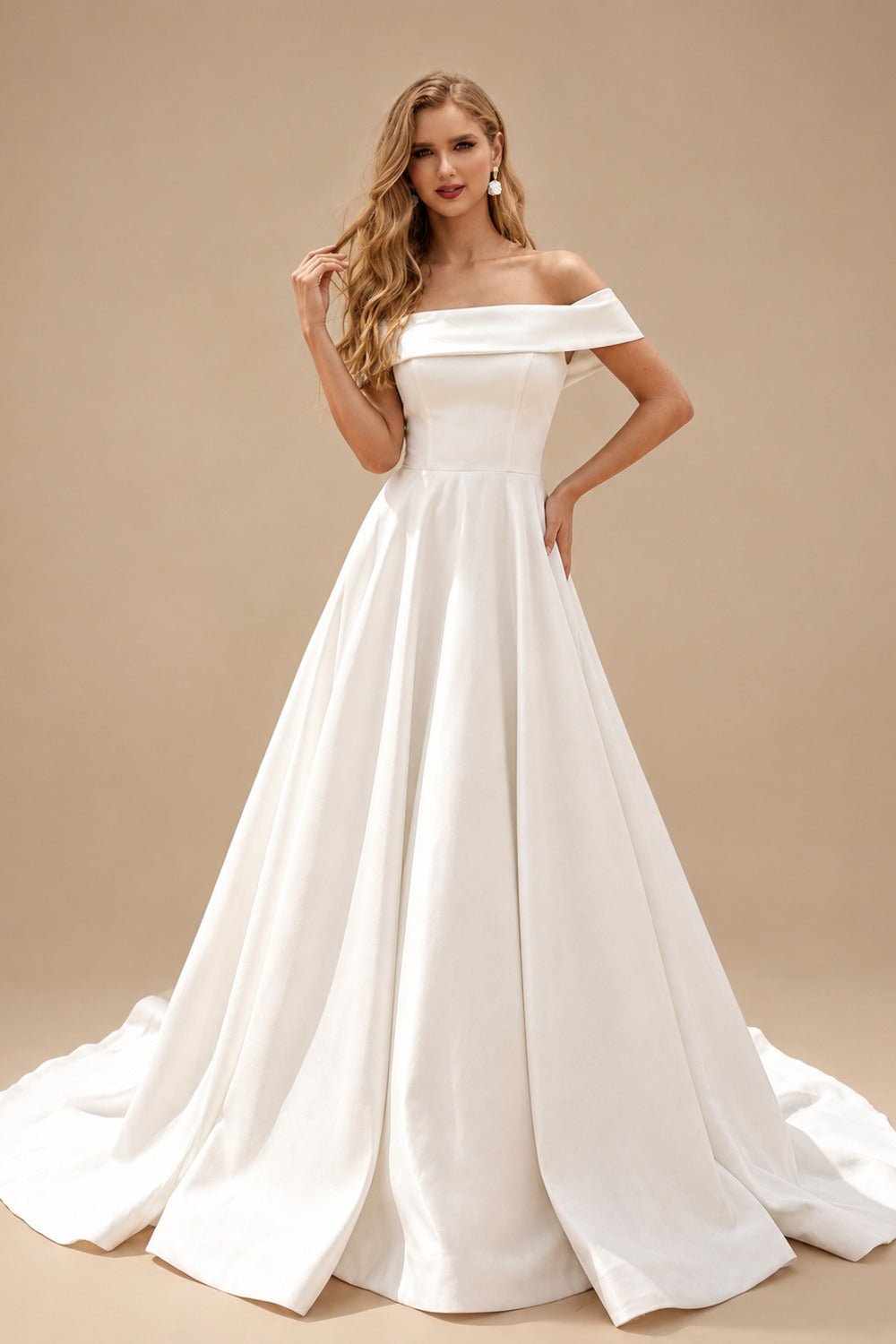 Rutipo Ivory Ball-Gown Off-The-Shoulder Sleeveless Satin Wedding Dresses With Bow(s)