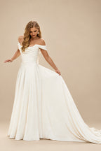 Rutipo Ivory A-Line Off-The-Shoulder Sleeveless Court Train Stretch Satin BRIDE With Ruffle
