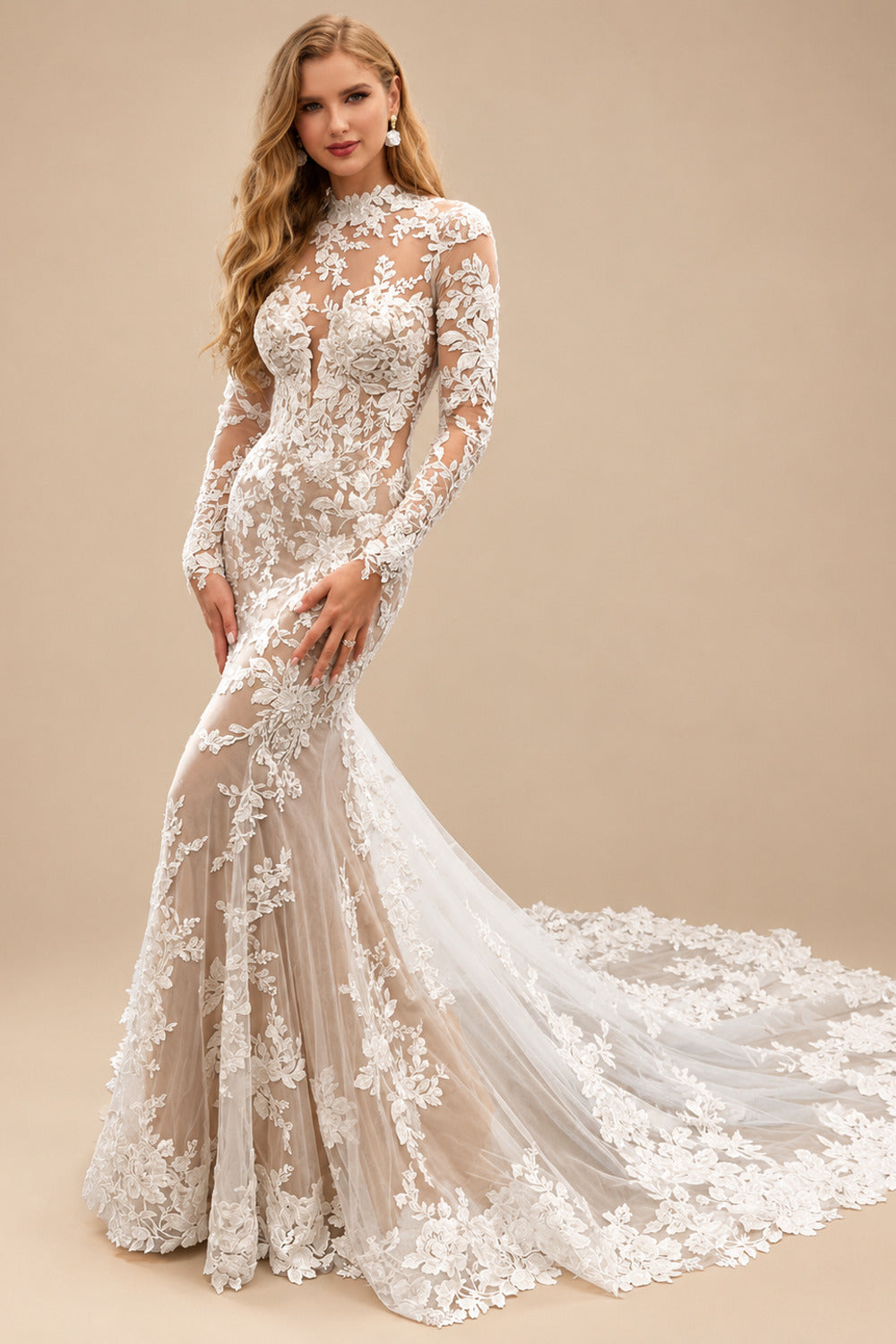 Rutipo As Picture Trumpet/Mermaid Luxury High Neck Vintage Long Sleeves Lace/Tulle Wedding Dresses