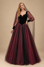 Rutipo As Picture Ball-Gown V-Neck Long Sleeves Vintage Tulle/Velvet Black Red Gothic Wedding Dresses