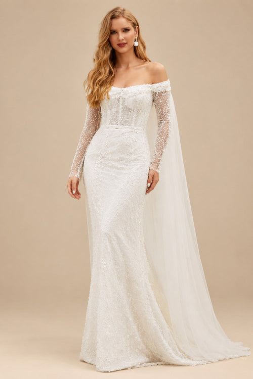 Rutipo Ivory Sparkle Off-Shoulder Collar Draping Open Back Wedding Dresses With Detachable Skirt