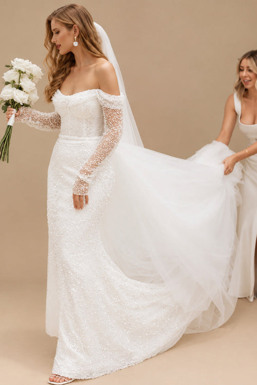 Rutipo Ivory Sparkle Off-Shoulder Collar Draping Open Back Wedding Dresses With Detachable Skirt