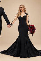 Rutipo Black Trumpet/Mermaid Long Sleeves Luxury Elastic Satin Black Wedding Dresses With Appliques Lace