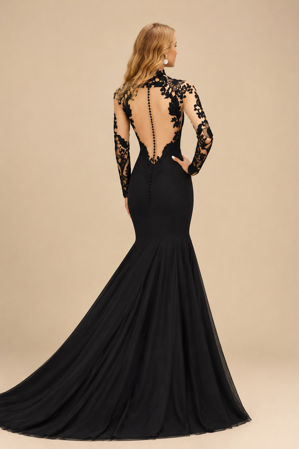 Rutipo Black Trumpet/Mermaid Long Sleeves Luxury Elastic Satin Black Wedding Dresses With Appliques Lace