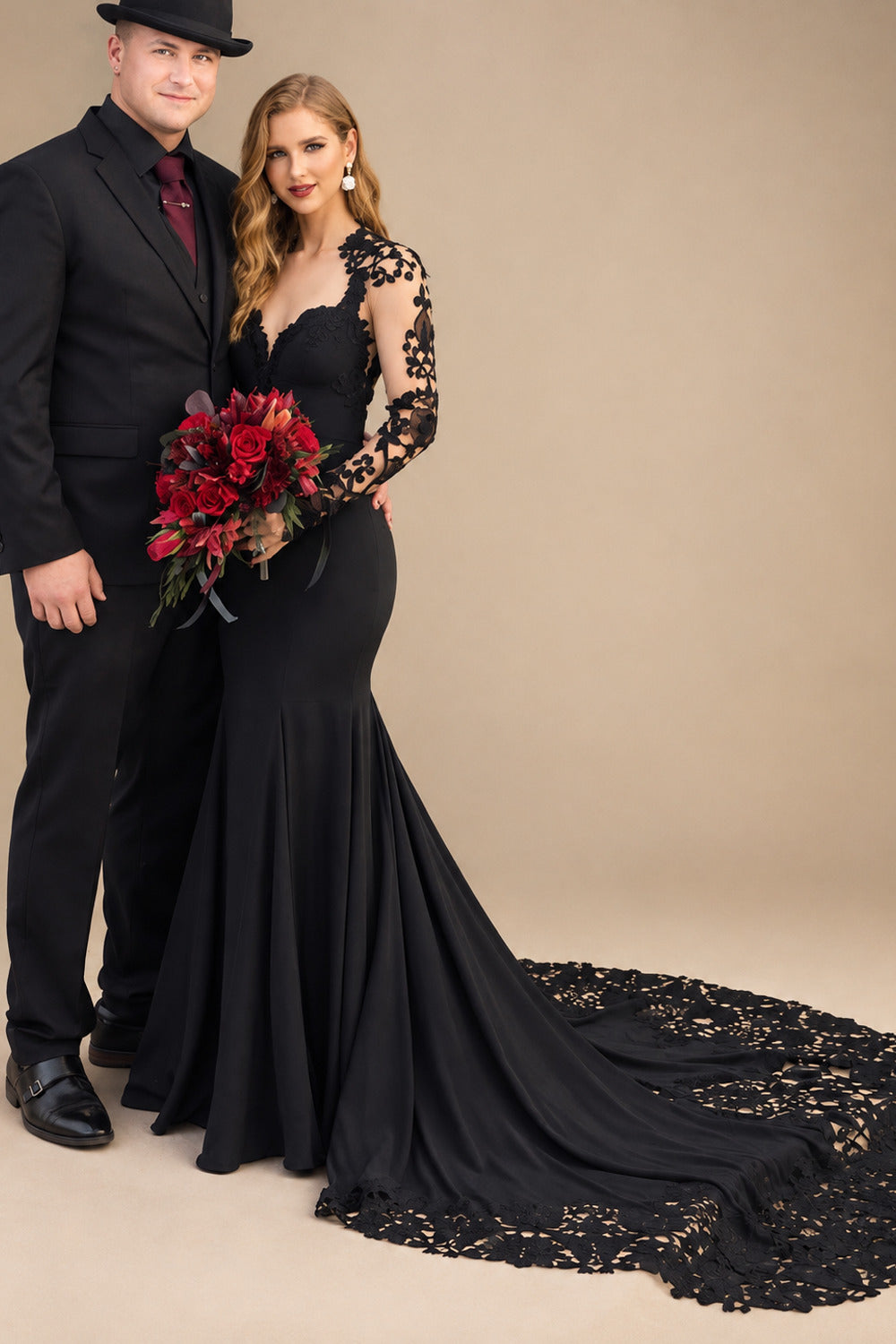 Rutipo Black Trumpet/Mermaid Long Sleeves Luxury Elastic Satin Black Wedding Dresses With Appliques Lace