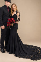 Rutipo Black Trumpet/Mermaid Long Sleeves Luxury Elastic Satin Black Wedding Dresses With Appliques Lace