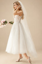 Rutipo Ivory Boho Reception Lace Tea-Length Backless Wedding Dresses
