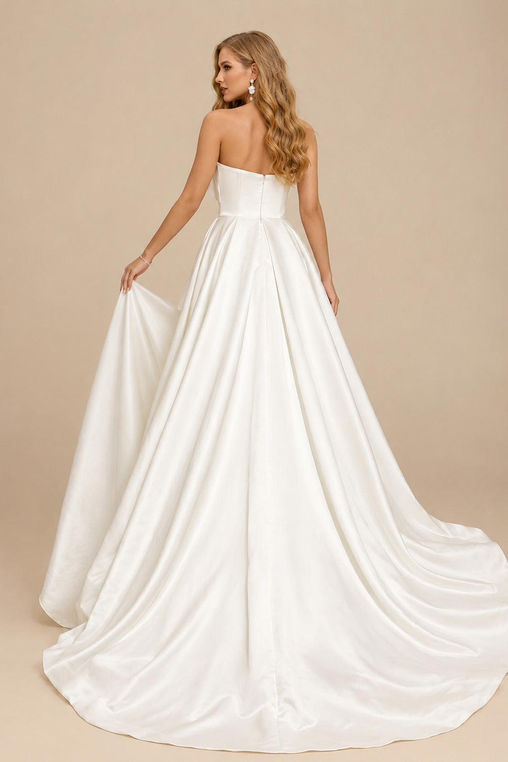 Rutipo Ivory A-Line Sleeveless Court Train Satin Wedding Dresses With Split Front