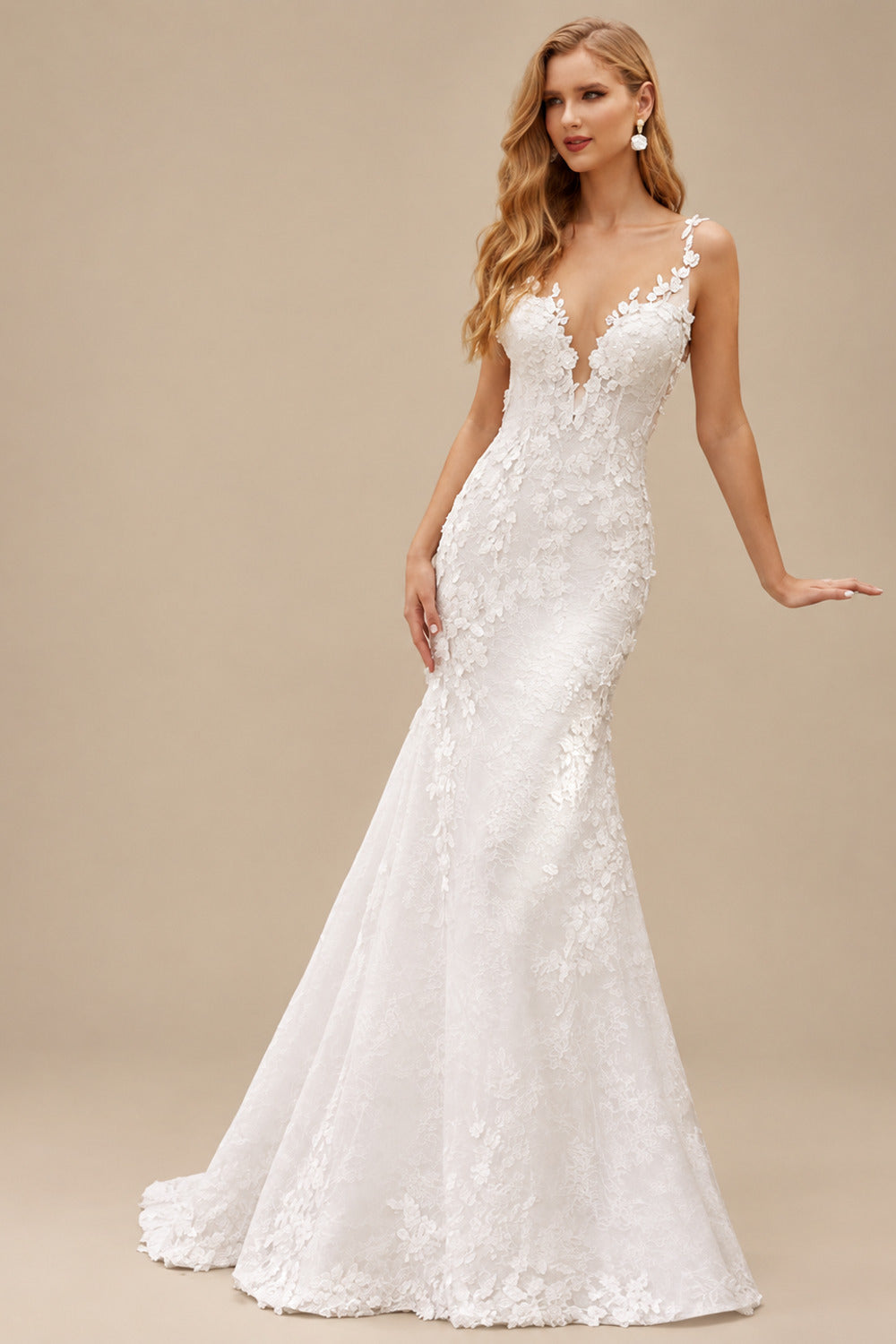 Rutipo Ivory Mermaid Sleeveless Court Train Lace Wedding Dresses With Appliques Lace
