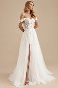 Rutipo Ivory A-Line Off-The-Shoulder Vintage Lace/Tulle Wedding Dresses With Split Front