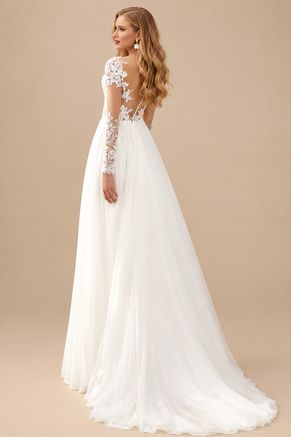 Rutipo Ivory A-Line V-Neck Long Sleeves Elegant Chiffon/Lace Wedding Dresses With Split Front