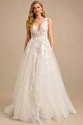 Rutipo As Picture A-Line V-Neck Vintage Backless Tulle Wedding Dresses With Appliques Lace